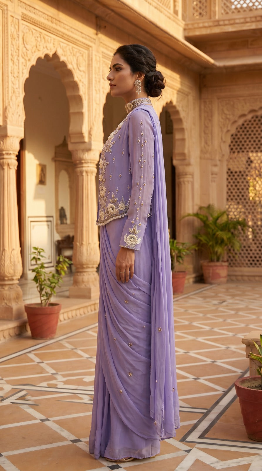 Lavender Georgette Embroidered Jacket Lehenga Set