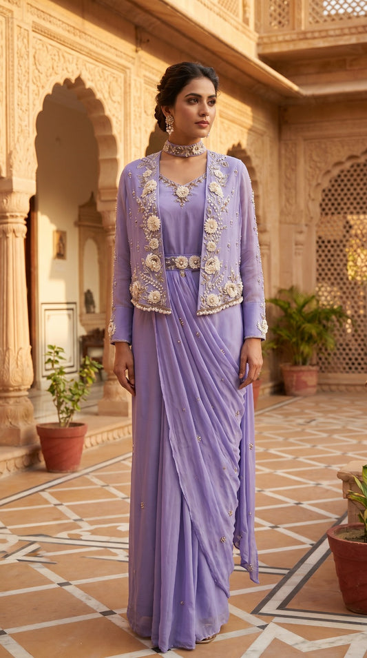 Lavender Georgette Embroidered Jacket Lehenga Set