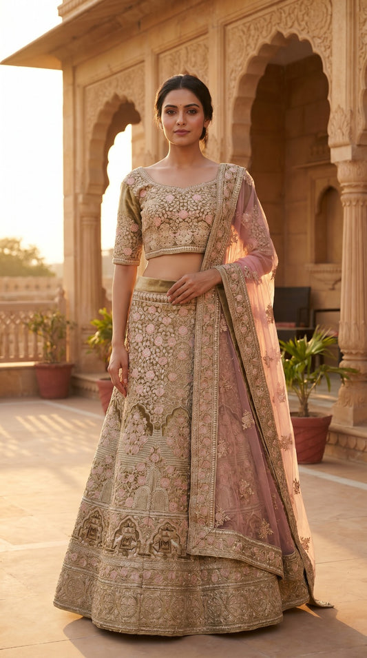Sage Green Premium Silk Embroidered Lehenga Set