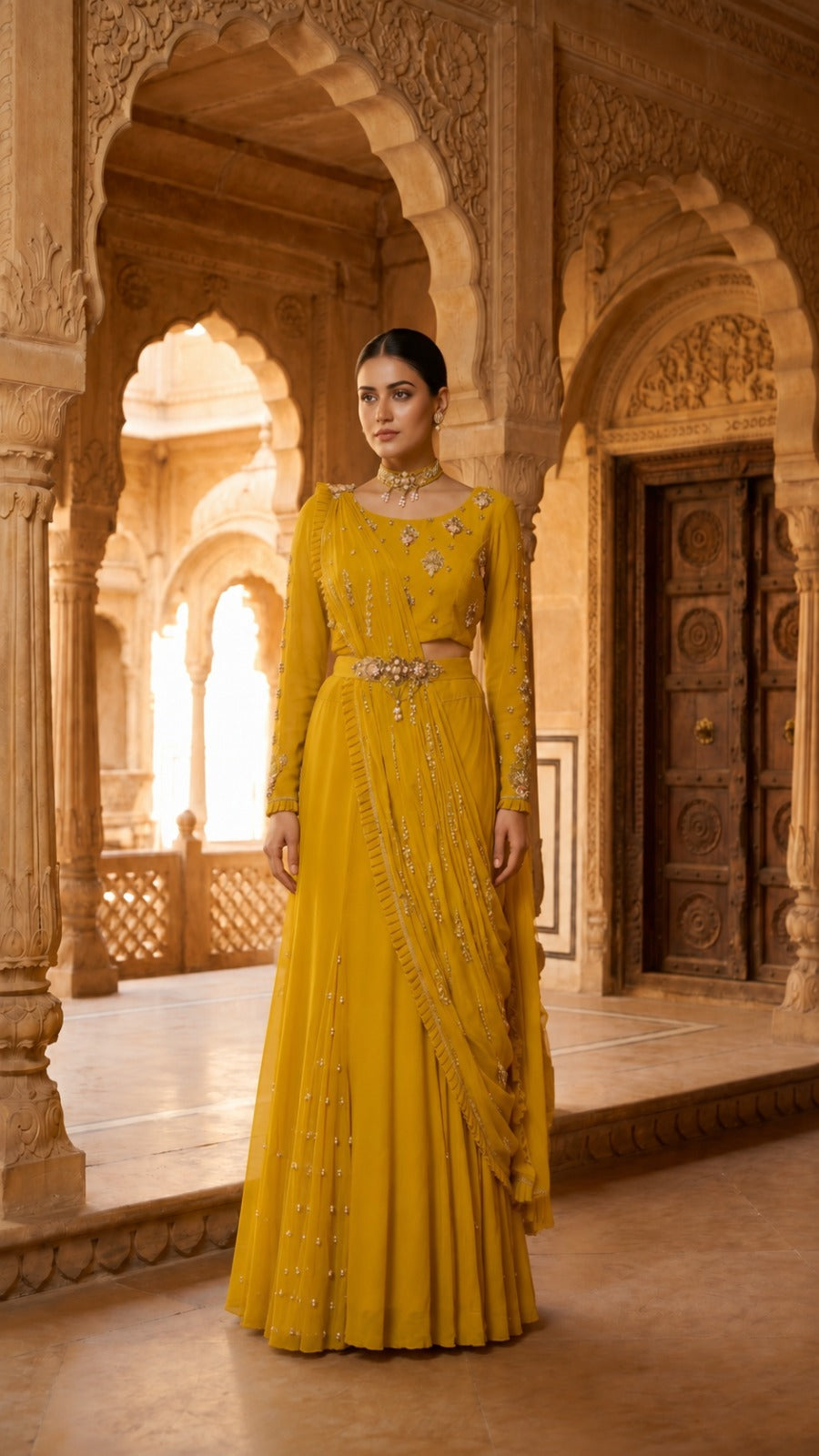 Sunshine Yellow Georgette Cape Jacket Lehenga Set
