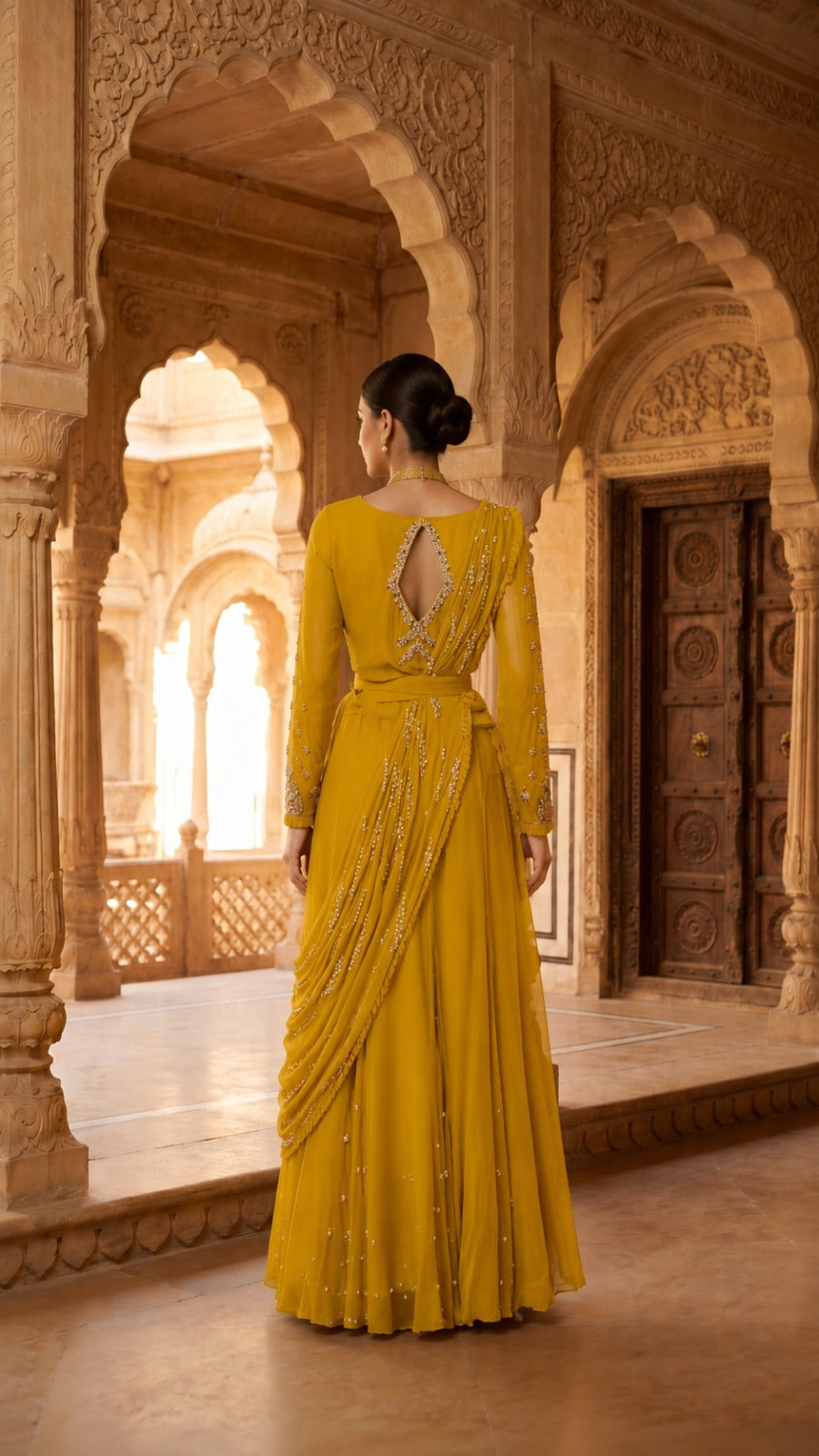 Sunshine Yellow Georgette Cape Jacket Lehenga Set