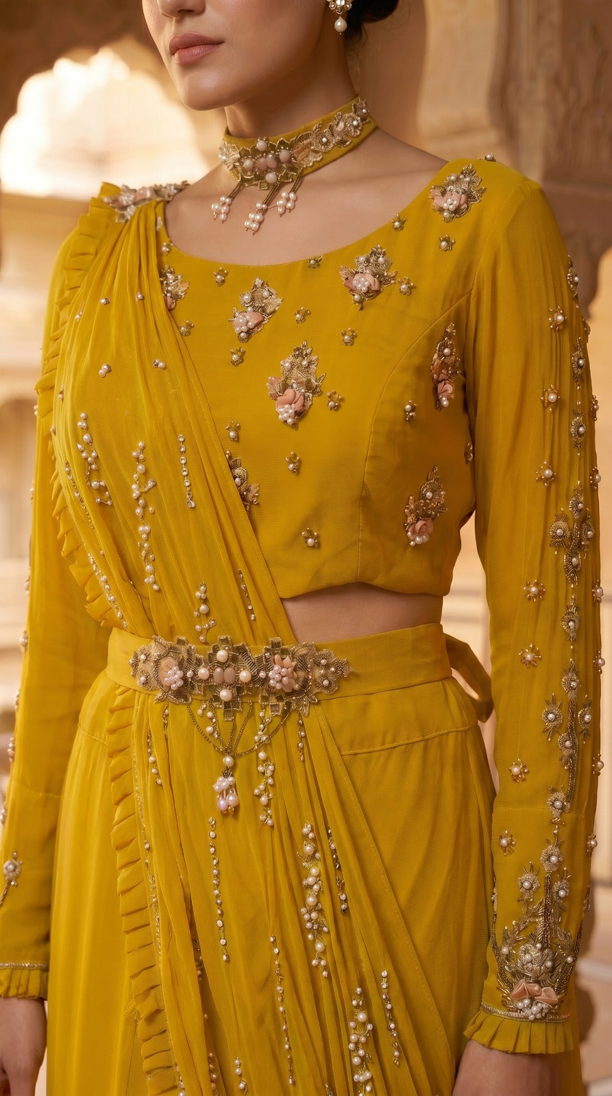 Sunshine Yellow Georgette Cape Jacket Lehenga Set