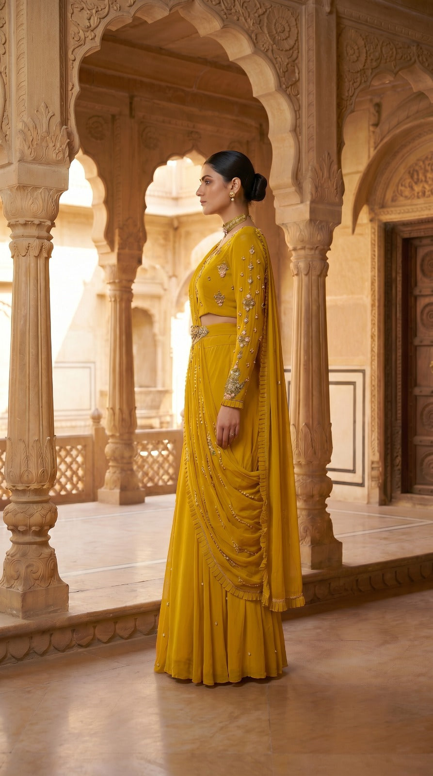 Sunshine Yellow Georgette Cape Jacket Lehenga Set