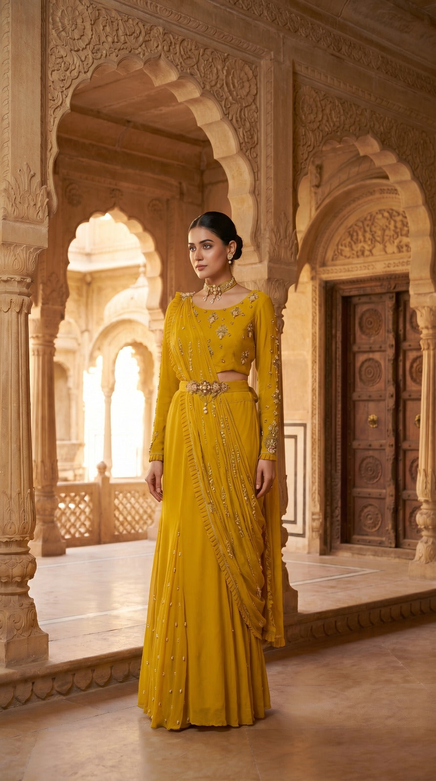 Sunshine Yellow Georgette Cape Jacket Lehenga Set