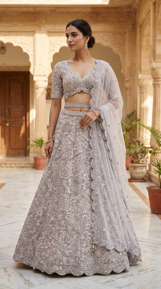Silver Grey Premium Silk Embroidered Lehenga Set
