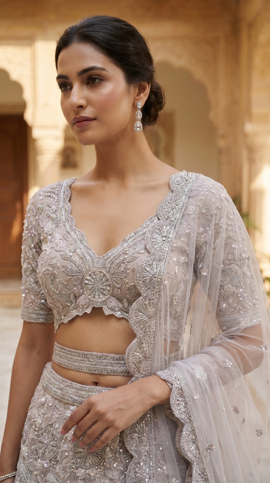 Silver Grey Premium Silk Embroidered Lehenga Set