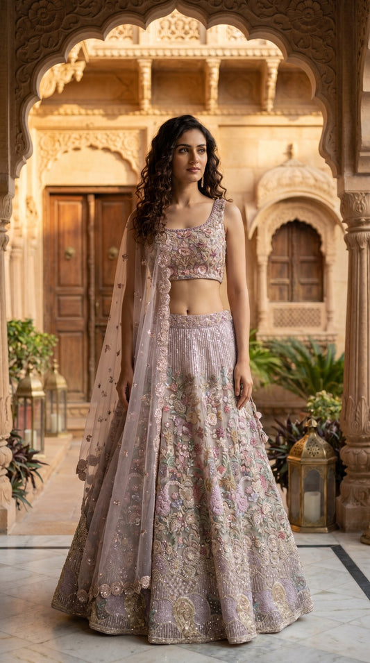 Pastel Mauve Premium Silk Embroidered Lehenga Set