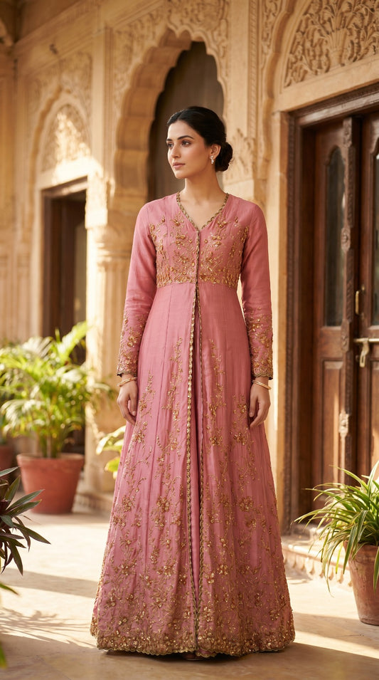 Dusty Rose Premium Silk Embroidered Anarkali