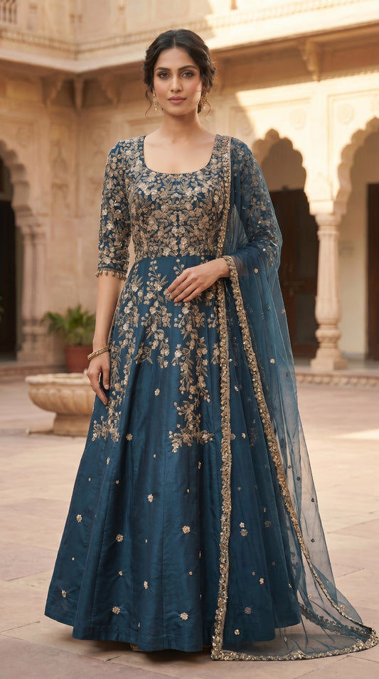 Royal Teal Premium Silk Embroidered Anarkali Set