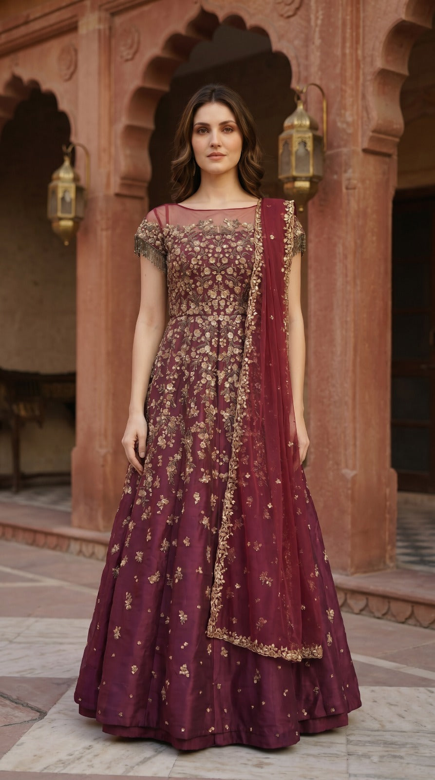 Wine Premium Silk Embroidered Anarkali Set