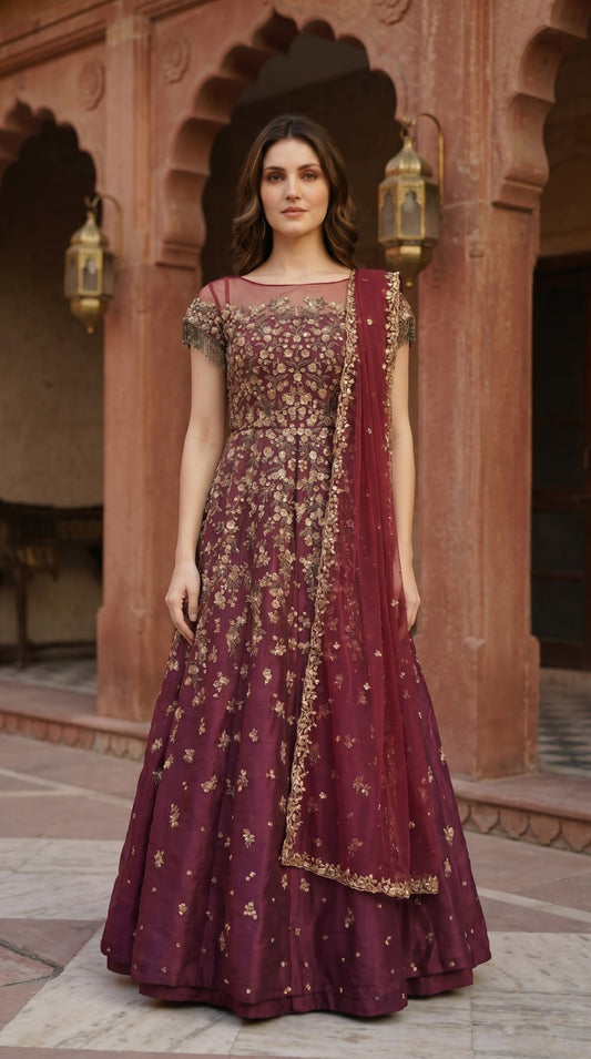Wine Premium Silk Embroidered Anarkali Set