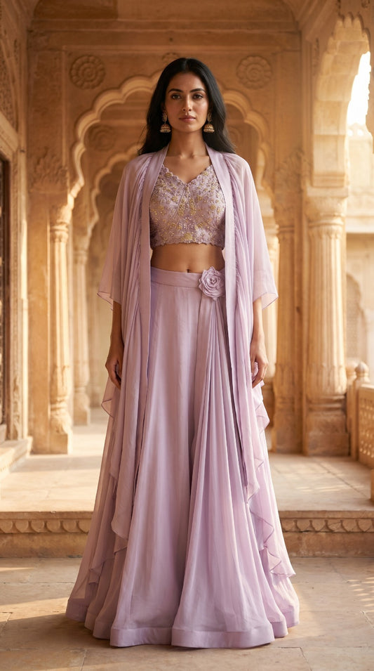 Dreamy Lavender Premium Silk Embroidered Lehenga Set