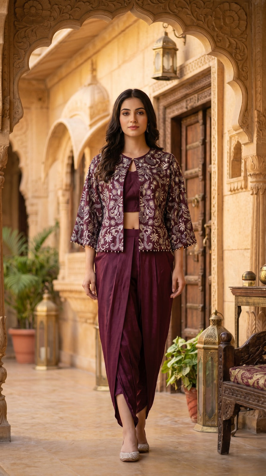 Wine Premium Silk Embroidered Jacket Dhoti Co-ord Set