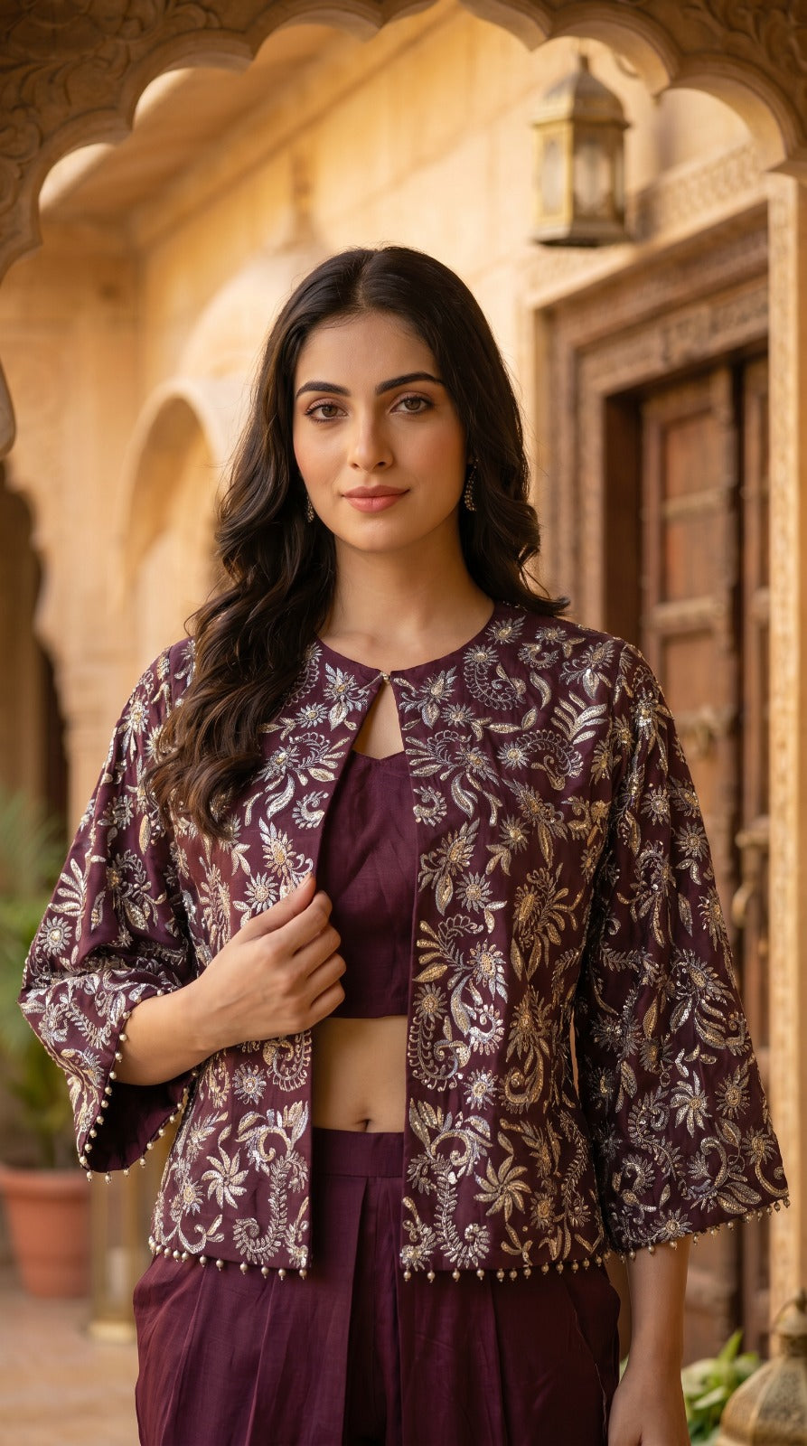 Wine Premium Silk Embroidered Jacket Dhoti Co-ord Set