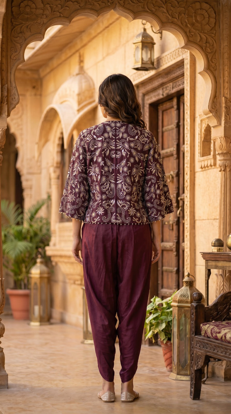 Wine Premium Silk Embroidered Jacket Dhoti Co-ord Set