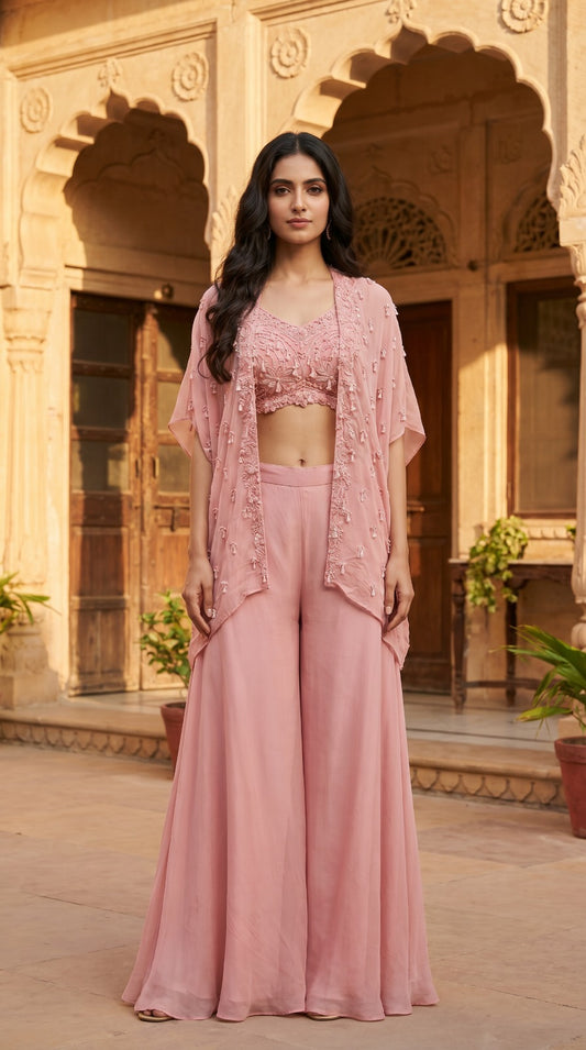 Blush Pink Georgette Embroidered Palazzo Co-ord Set
