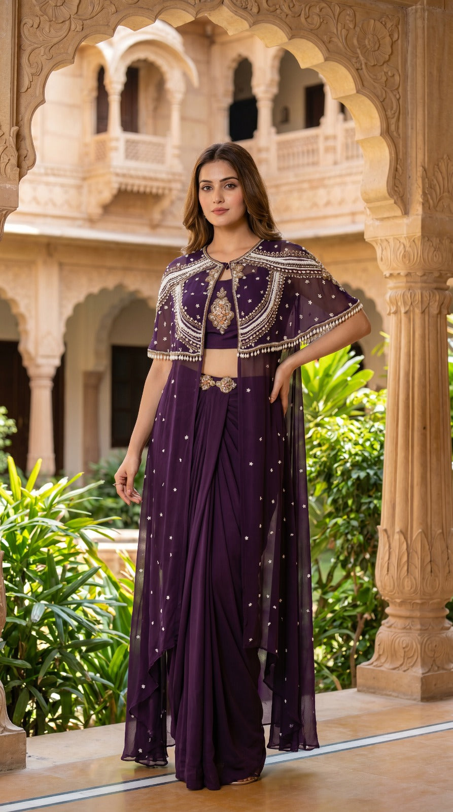 Plum Georgette Embroidered Cape Jacket Drape Co-ord Set