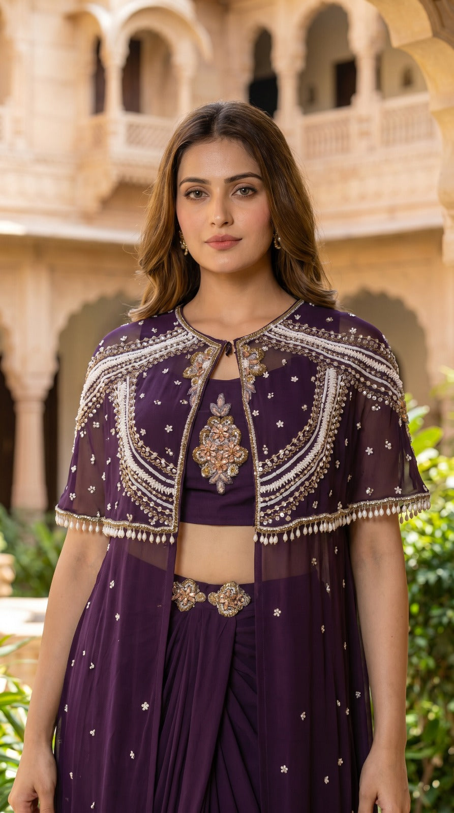 Plum Georgette Embroidered Cape Jacket Drape Co-ord Set