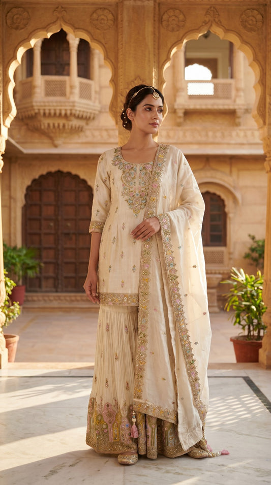 Ivory Premium Silk Embroidered Sharara Set
