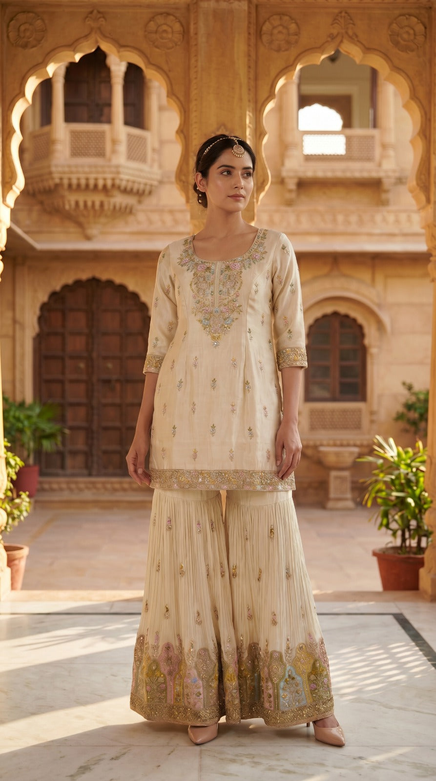 Ivory Premium Silk Embroidered Sharara Set