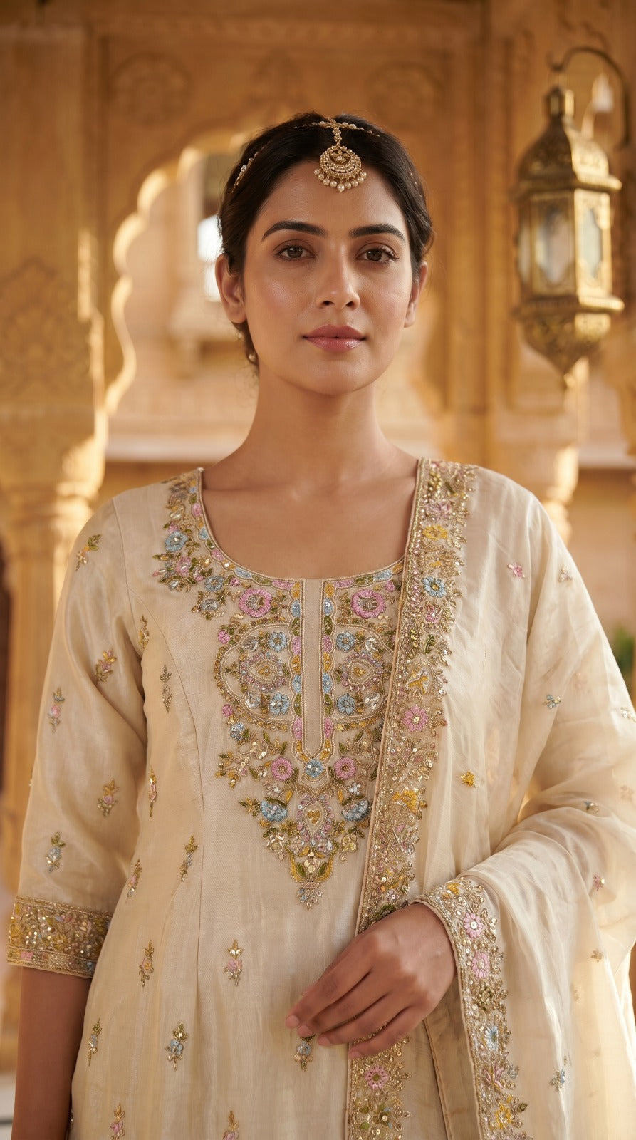 Ivory Premium Silk Embroidered Sharara Set