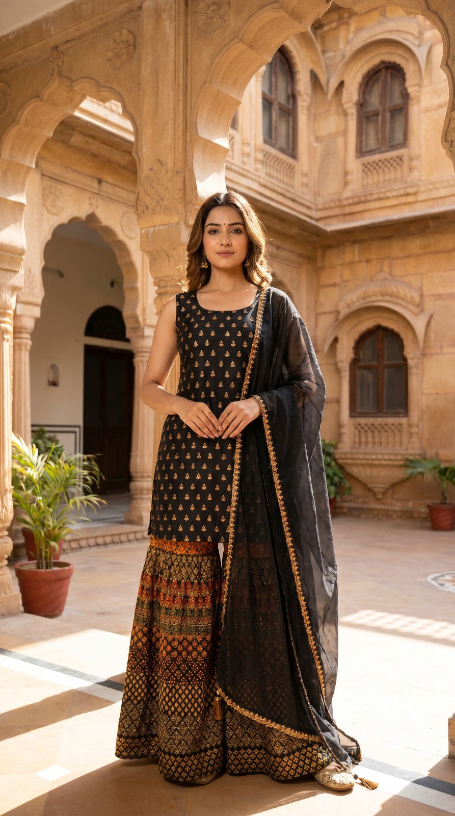 Black Premium Silk Woven Sharara Set