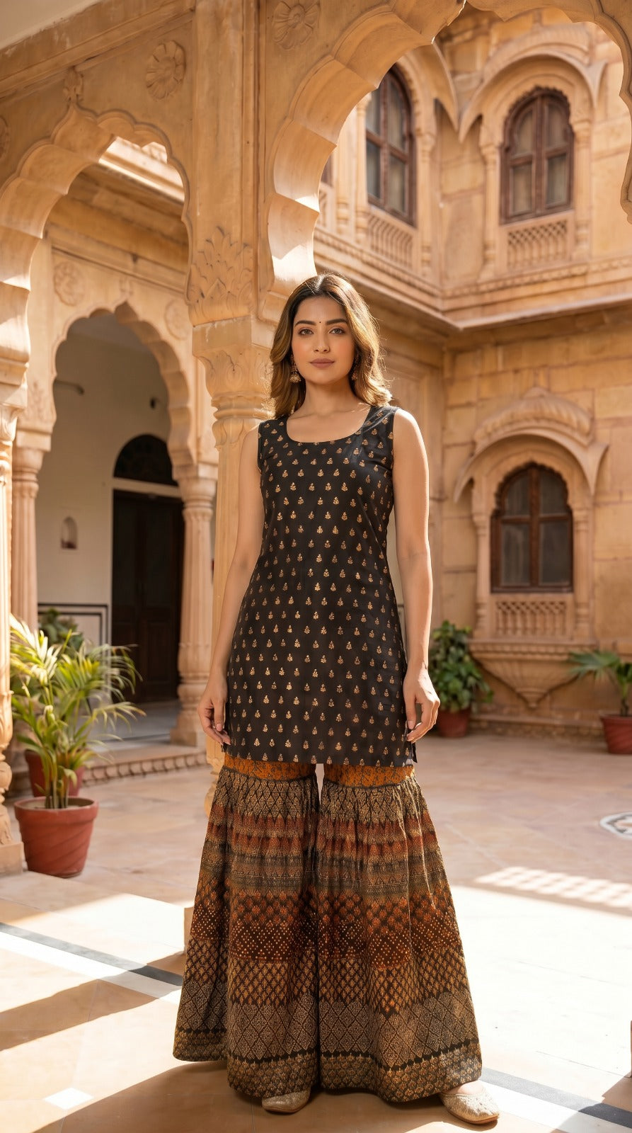 Black Premium Silk Woven Sharara Set