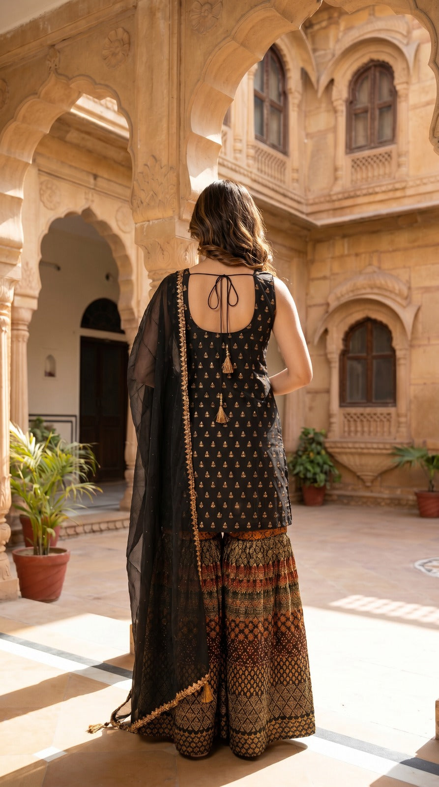 Black Premium Silk Woven Sharara Set