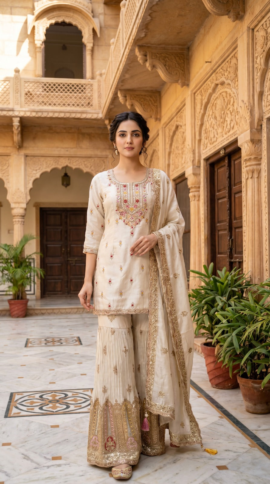 Ivory Premium Silk Embroidered Sharara Set with Organza Dupatta