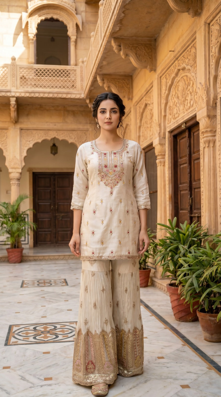 Ivory Premium Silk Embroidered Sharara Set with Organza Dupatta