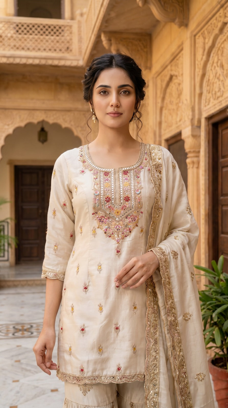 Ivory Premium Silk Embroidered Sharara Set with Organza Dupatta