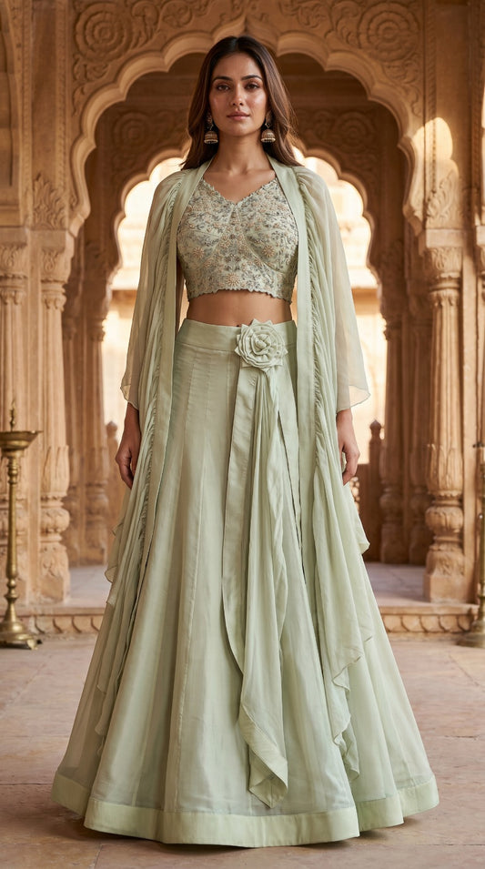 Sage Green Silk Embroidered Sleeveless Lehenga Set with Floral Waist Accent