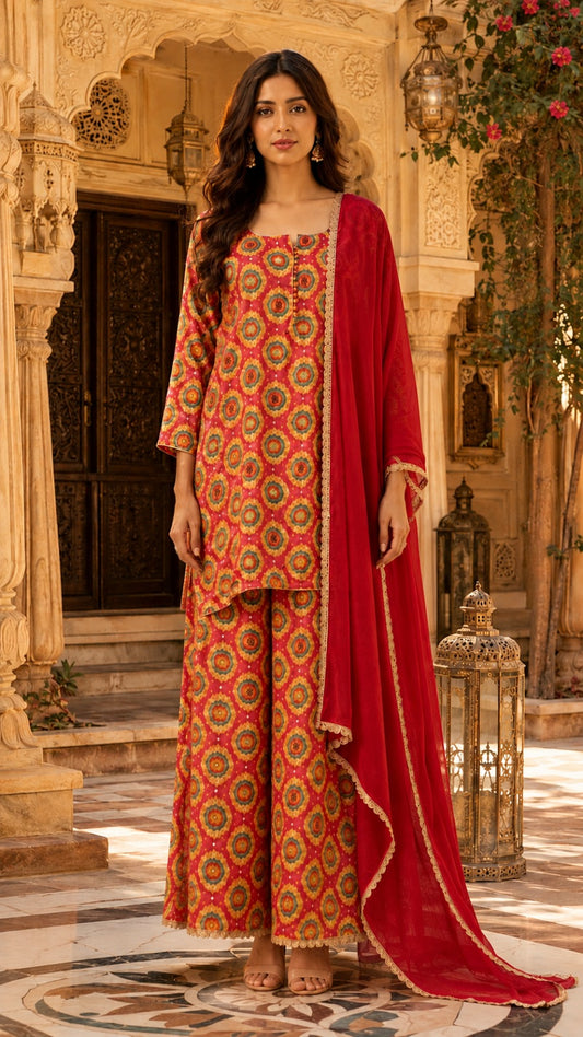 Ruby Red Floral Printed Muslin Kurta Set with Hand Work