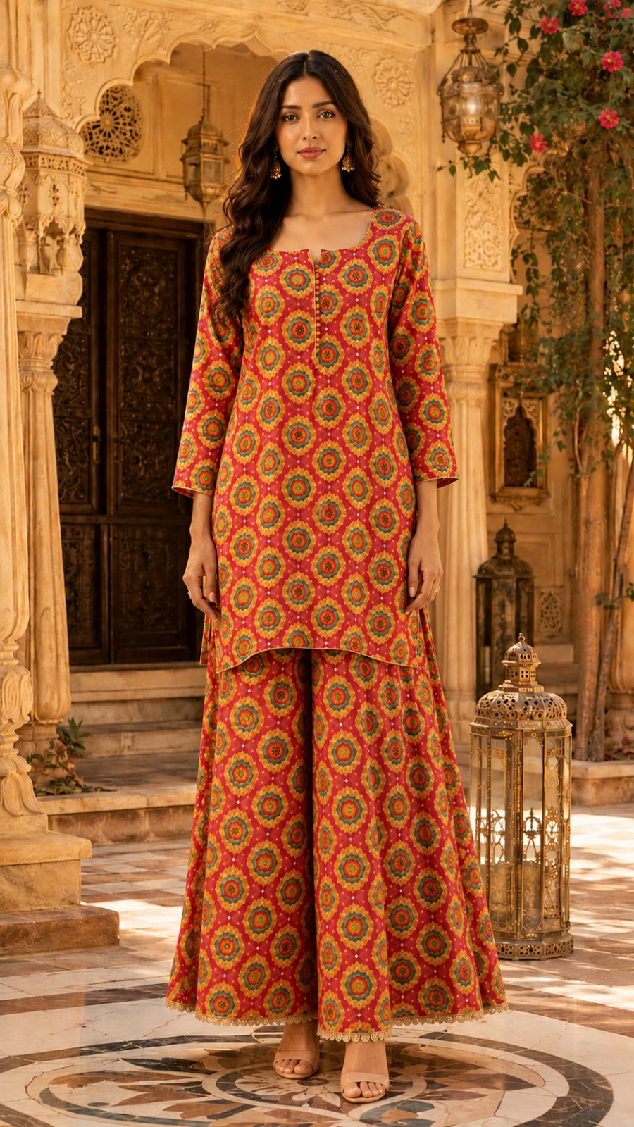 Ruby Red Floral Printed Muslin Kurta Set with Hand Work