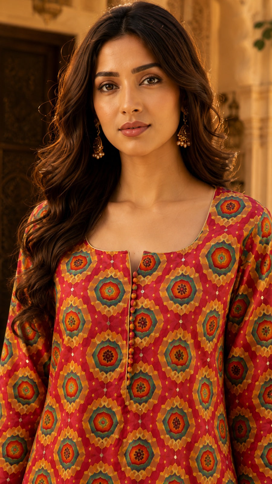 Ruby Red Floral Printed Muslin Kurta Set with Hand Work