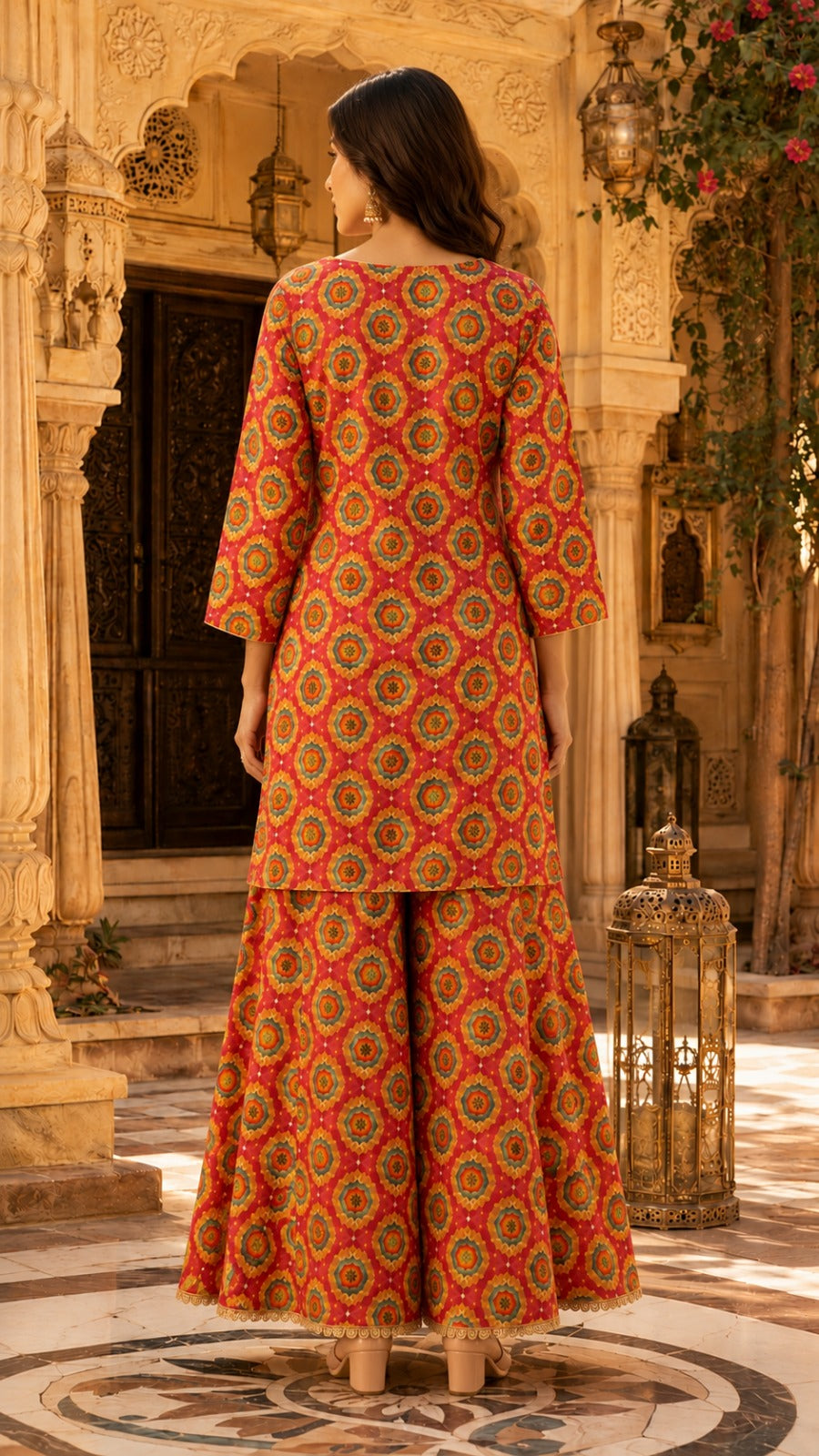 Ruby Red Floral Printed Muslin Kurta Set with Hand Work