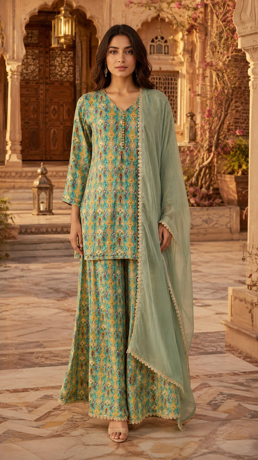 Aqua Blue Multi-Print Muslin Kurta Set with Sage Green Dupatta