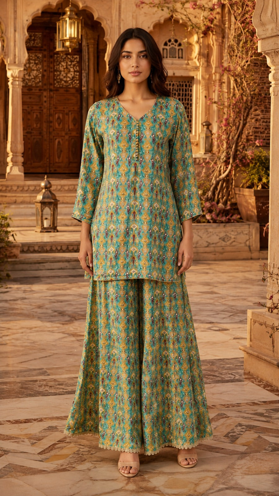 Aqua Blue Multi-Print Muslin Kurta Set with Sage Green Dupatta