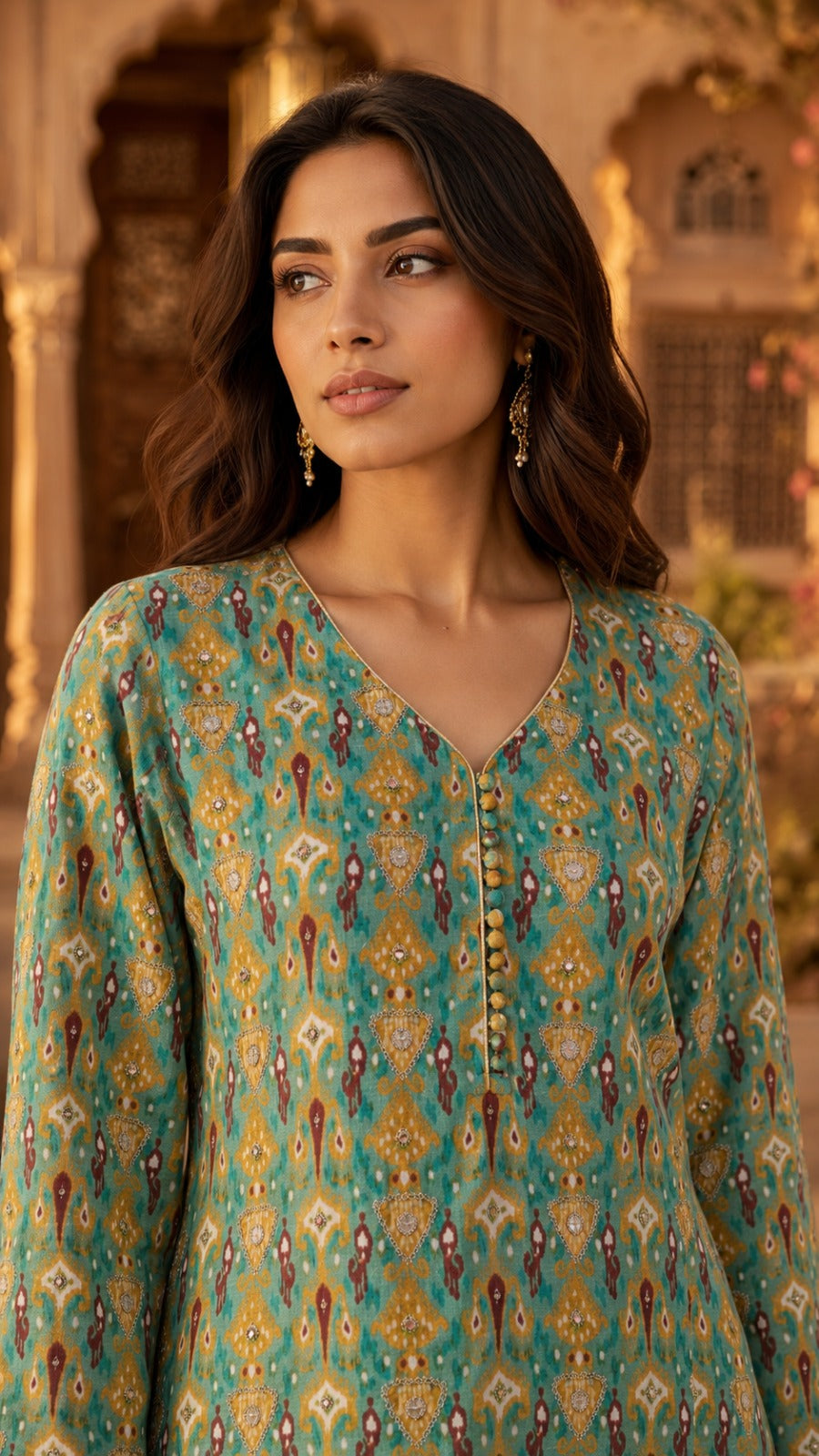 Aqua Blue Multi-Print Muslin Kurta Set with Sage Green Dupatta