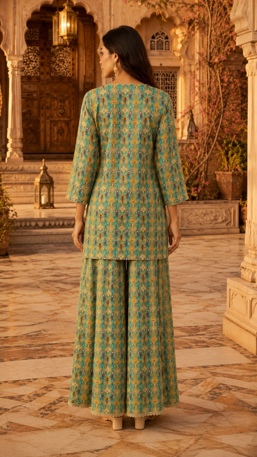 Aqua Blue Multi-Print Muslin Kurta Set with Sage Green Dupatta