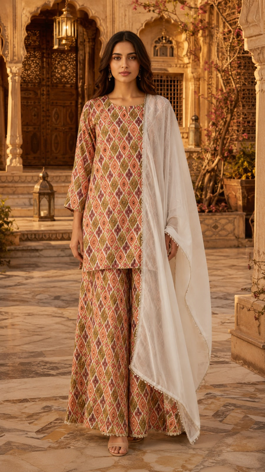 Peach Printed Muslin Kurta Set with Hand Work & Organza Dupatta