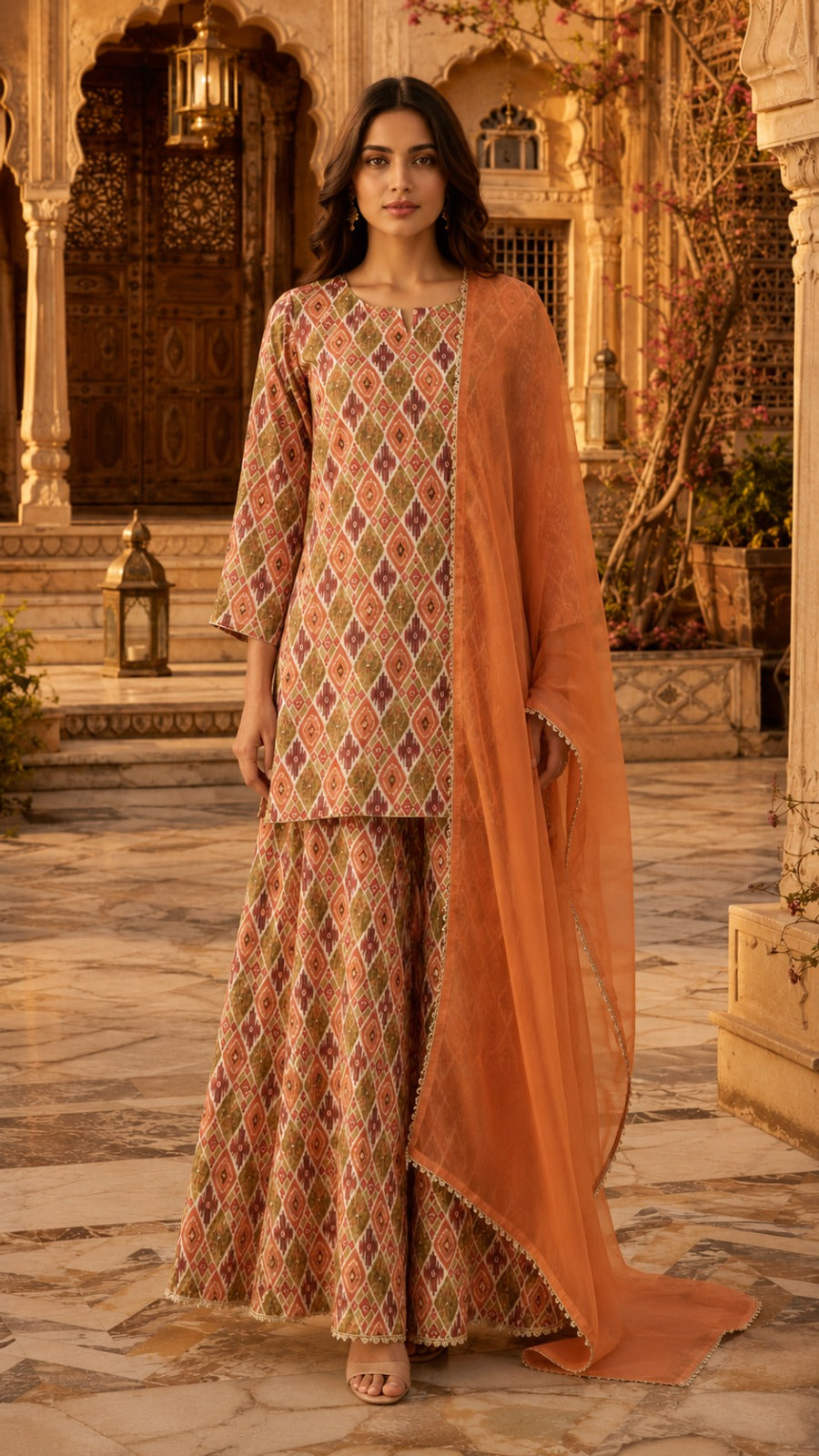 A woman wearing a traditional Indian salwar kameez suit set standing in a courtyard. The set features a beige kurta and flared pants with a colorful geometric diamond pattern in pink, orange, and green, paired with a solid orange dupatta.