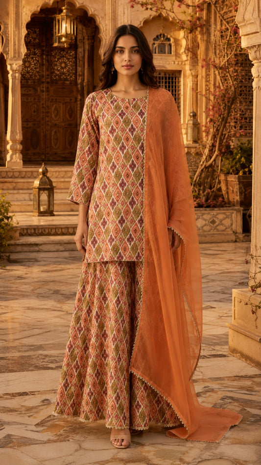 Peach Printed Muslin Kurta Set with Hand Work & Organza Dupatta