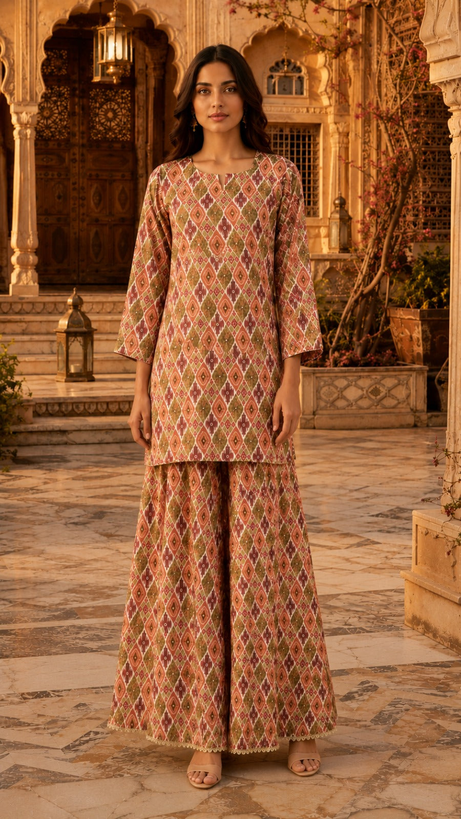 Peach Printed Muslin Kurta Set with Hand Work & Organza Dupatta
