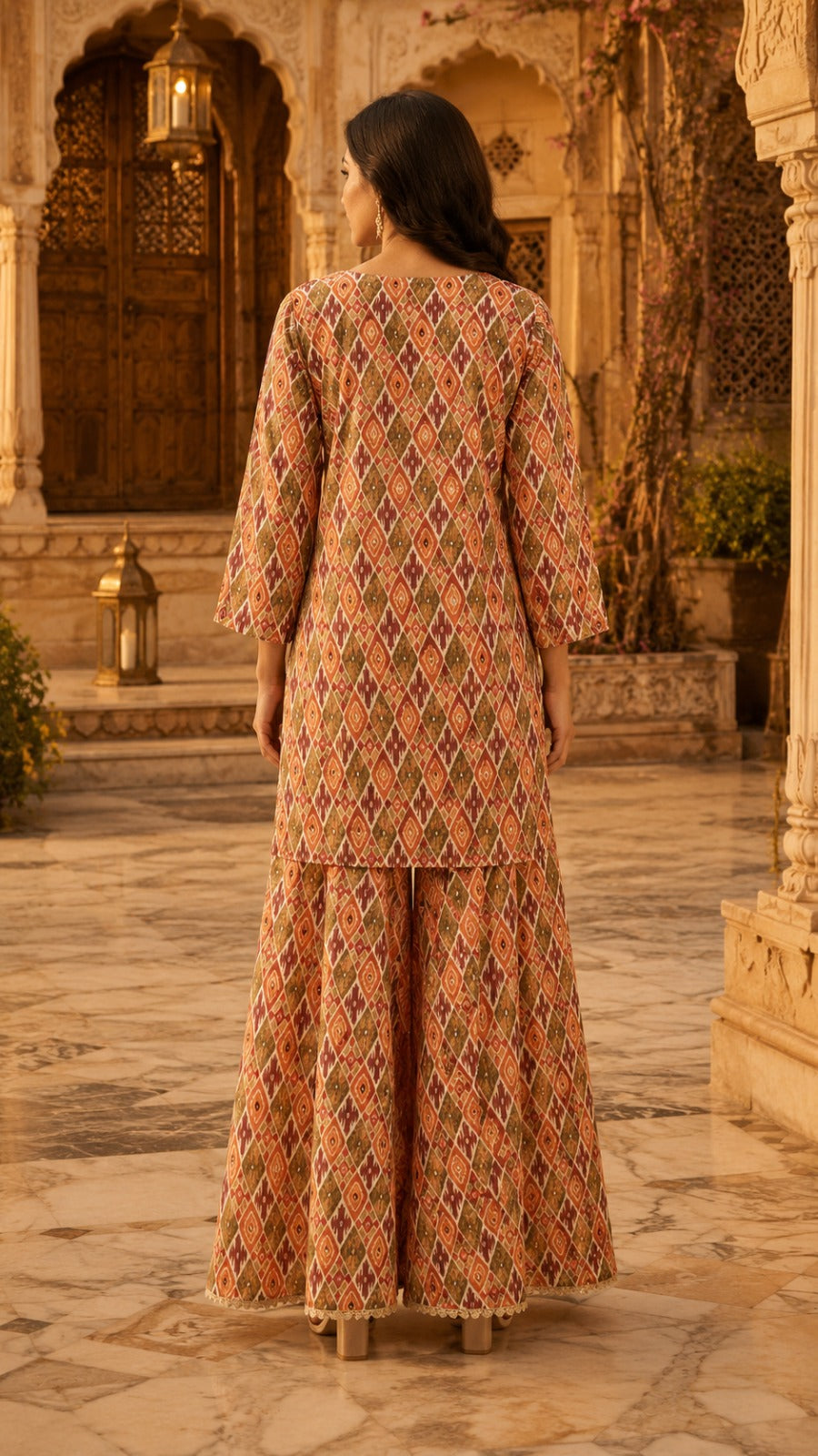 Peach Printed Muslin Kurta Set with Hand Work & Organza Dupatta