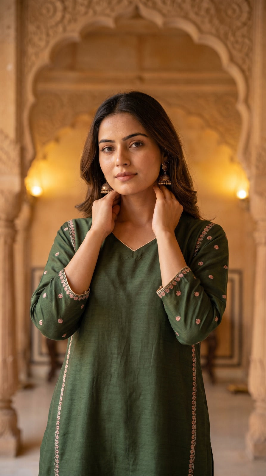 Olive Green Slub Muslin Kurta Set