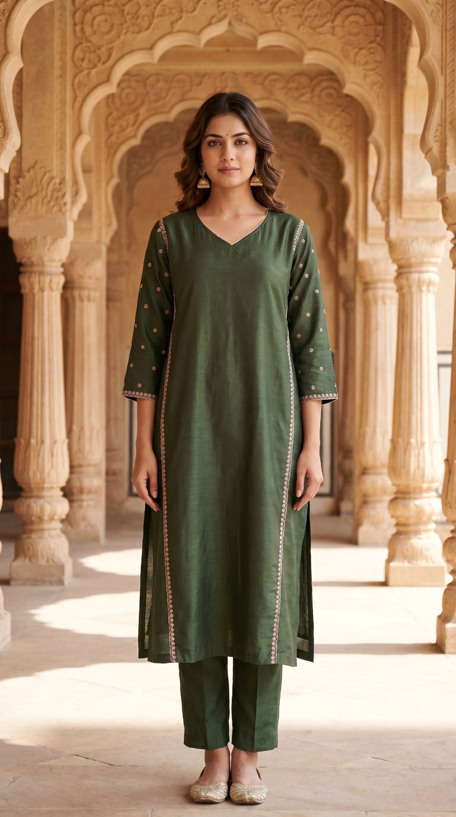 Olive Green Slub Muslin Kurta Set