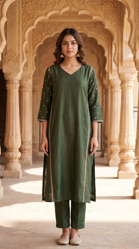 Olive Green Slub Muslin Kurta Set