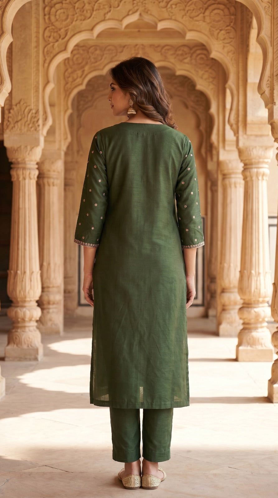 Olive Green Slub Muslin Kurta Set
