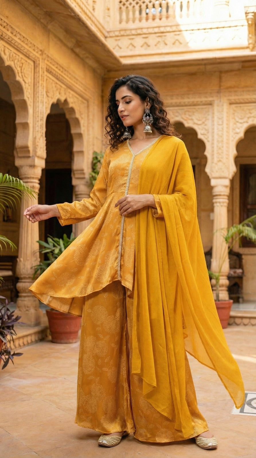 Yellow Asymmetric Kurta Set With Flared Palazzo And Chiffon Dupatta